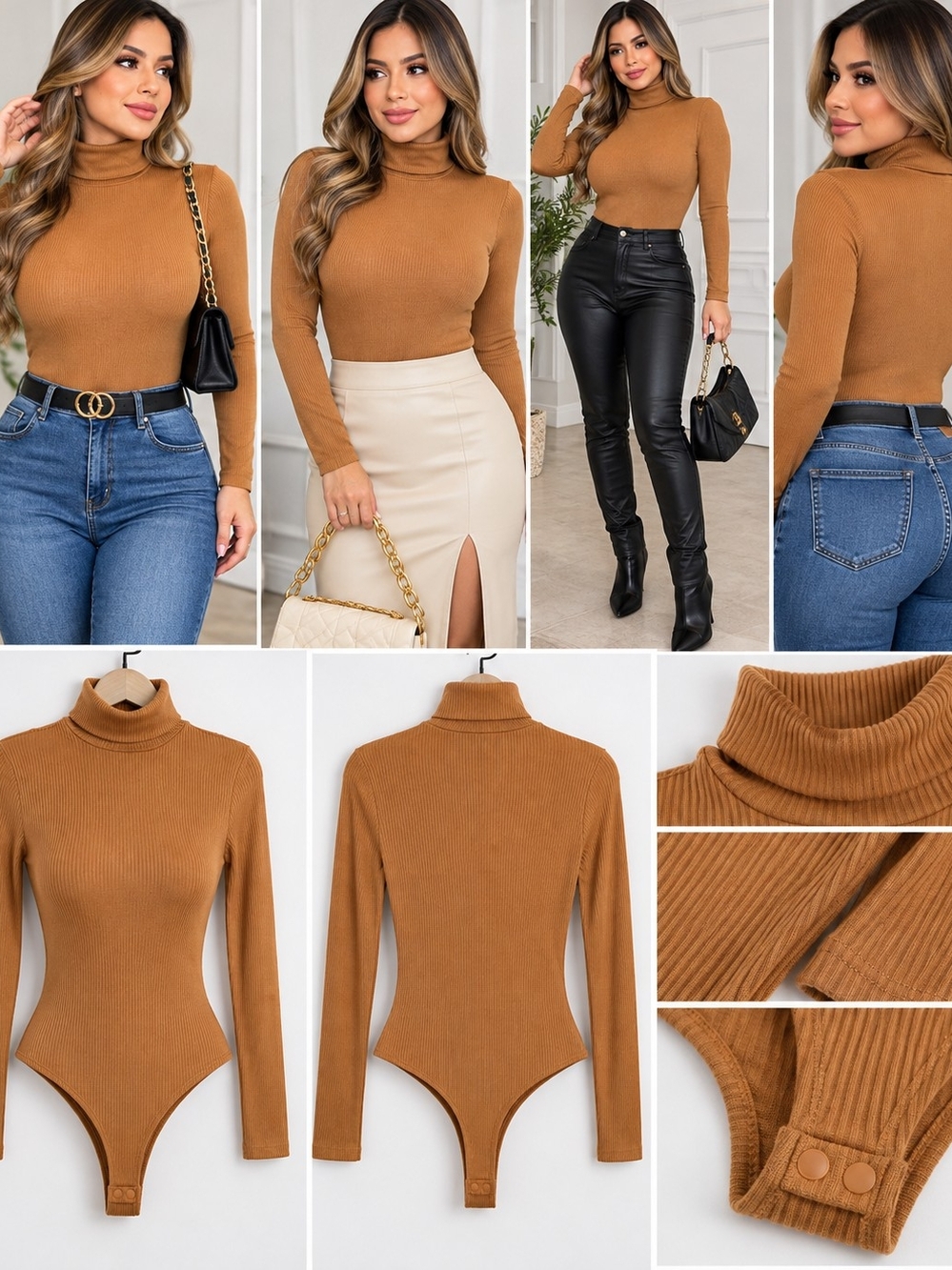 iris Ribbed Turtleneck Bodysuit - Camel